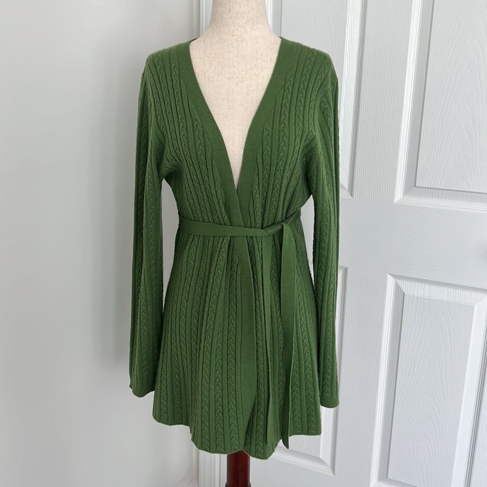 Gene Meyer 100% cashmere cardigan with belt green grass sz  large